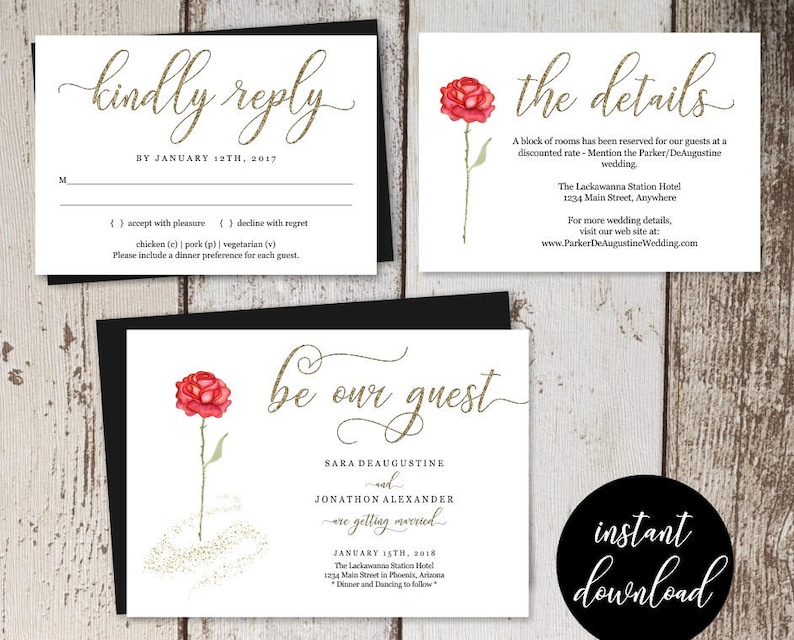 Beauty and the Beast Wedding Invitation Template Printable Set Red Rose Gold Glitter Editable Instant Download Digital File