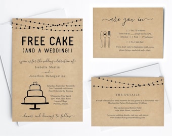 Funny Wedding Invitation Template, Free Cake Fun Printable Set, Rustic Kraft Paper, Instant Download Digital File PDF Suite