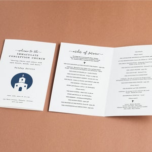 May include: A white and blue church bulletin with the text "Welcome to the Immaculate Conception Church" and "Sunday Service". The bulletin also includes the order of service for the church.