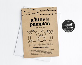 Gender Neutral Pumpkin Baby Shower Invitation Template, Printable Fall Autumn A Little Pumpkin Hand Drawn Invite Evite Digital Download