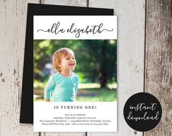 Simple Modern 1st Birthday Invitation Template, Photo / Picture First Birthday Party Invite, Boy / Girl, Instant Download Digital File PDF