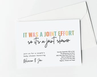 Funny Joint Baby Shower Invitation Template, Printable Couple's Simple Colorful Gender Neutral Invite Evite for Boy or Girl Download Digital