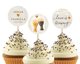 Love is Brewing Cupcake Topper Template, Printable Brewery Wedding Couples Shower Decoration, Beer Decor, Editable Download Digital File PDF