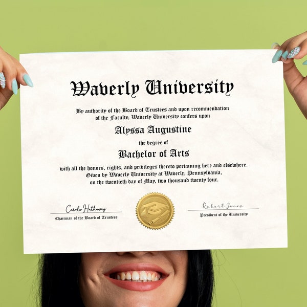 Collegediploma met gouden zegel, afdrukbare aangepaste universitaire diploma-replicasjabloon, bewerkbaar afstudeercertificaat downloadbestand
