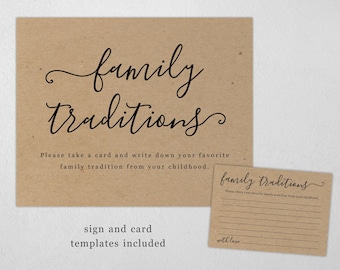 Printable Family Traditions Sign & Card Templates, Baby Shower Game, Fun Activity, Share a Favorite Tradition, Instant Download Digital File