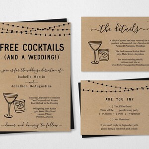 Modèle d'invitation de mariage drôle - Ensemble imprimable amusant d'alcool de boisson de cocktail gratuit - Papier kraft rustique | Suite PDF à téléchargement instantané - Lumières