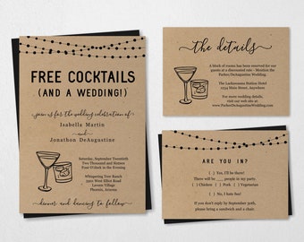 Funny Wedding Invitation Template - Free Cocktail Drink Alcohol Fun Printable Set - Rustic Kraft Paper | Instant Download PDF Suite - Lights