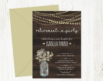 Retirement Party Invitation Template - Printable Retirement Invitation - Rustic Wood Mason Jar Lights - Instant Download Digital File PDF