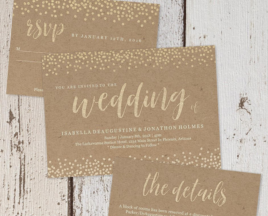 Wedding Invitation Template Printable Set Faux Gold Foil On
