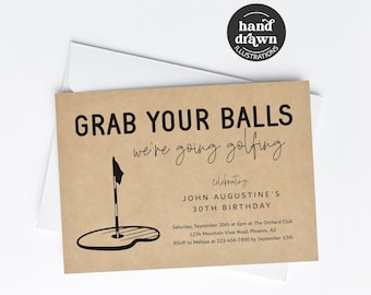 Men Golf Invitation Template, Printable Funny Adult Golfing Birthday Retirement Bachelor Party Invite Evite Digital Download, Grab Your Ball