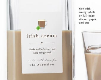 Homemade Irish Cream Liqueur Label Template - Printable Gift Bottle Sticker, Personalize Custom Avery Editable Digital File Instant Download