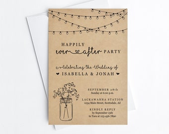 Wedding Reception Only Invitation Template, Printable Rustic Mason Jar Fairy Lights Happily Ever After Invite, Instant Download Digital File