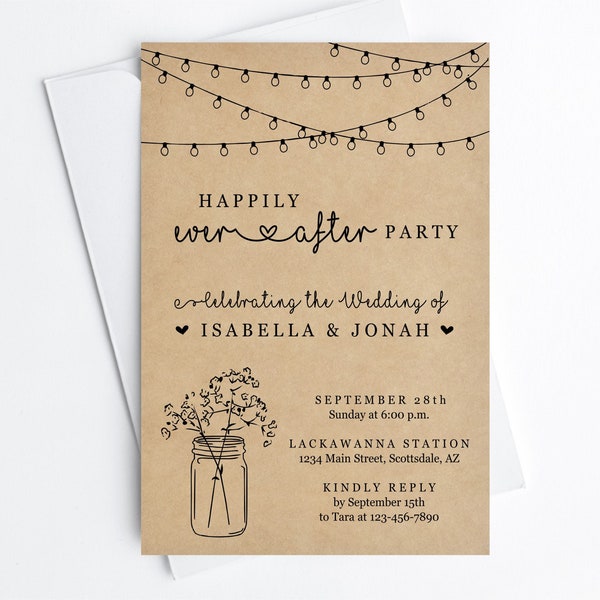 Wedding Reception Only Invitation Template, Printable Rustic Mason Jar Fairy Lights Happily Ever After Invite, Instant Download Digital File