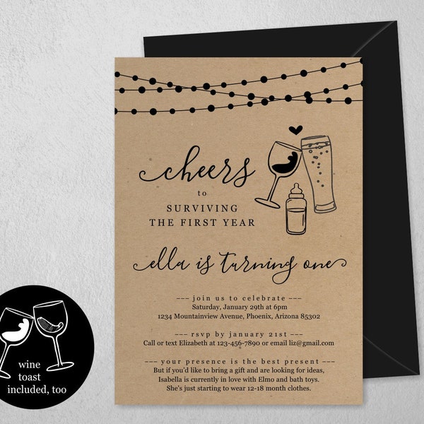 Cheers to Surviving the First Year, Beer & Wine Toast Funny 1st Birthday Invitation Template, Party Invite Instant Download Digital File PDF