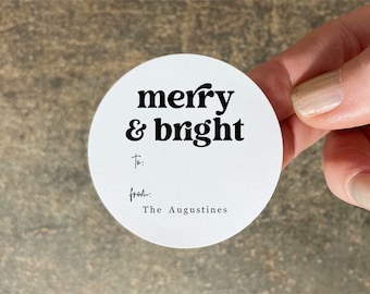 Christmas Gift Labels - Set of 2" Round Personalized Merry & Bright Gift / Favor Stickers