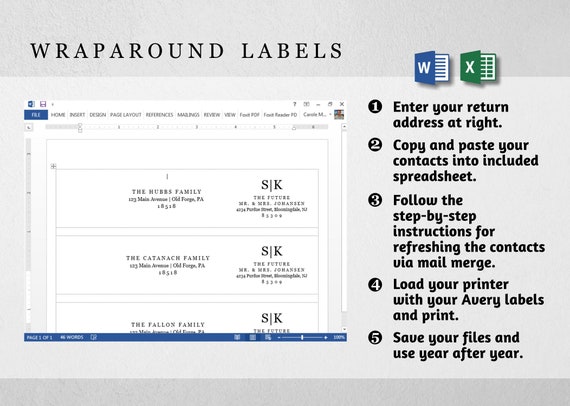 Mail Merge Address Template for Wraparound Labels - Microsoft Word Excel Avery 22838 - Printable Wrap Around - Instant Download Digital File