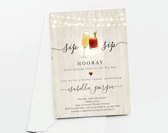 Mimosa and Bloody Mary Bridal Shower Invitation Template, Printable Sip Sip Hooray Bar Invite & Evite, Rustic Wood Download Digital File