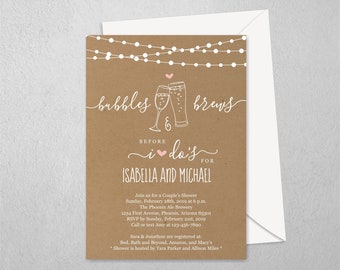 Bubble & Brew Couple Wedding Shower Invitation Template, Printable Bridal Champagne Beer Invite, Kraft Paper, Instant Download Digital File