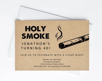 Holy Smoke Cigar Night Invitation Template - Printable Cigar Theme Birthday Retirement Party Invite Evite Digital File Instant Download DIY