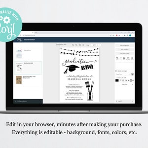 Pu&ograve; includere: Uno schermo di laptop che mostra un modello di invito per una festa di laurea. Il modello presenta un'illustrazione in bianco e nero di un cappello di laurea, una ghirlanda di luci e il testo "graduation BBQ celebrating the graduation of Isabella Johns".
