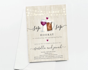 Sip Sip Hooray Couples Wedding Shower Invitation Template, Printable Beer Wine Toast Theme Invite, Rustic Wood Instant Download Digital File