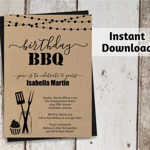 Anniversaire BBQ Invitation - Femmes / Hommes - Fête de barbecue imprimable, Modèle de barbecue - Pot Mason rustique, Papier kraft - Téléchargement instantané PDF