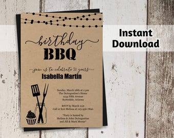 Birthday BBQ Invitation - Women / Men - Printable Barbeque Party, Barbecue Template - Rustic Mason Jar, Kraft Paper - Instant Download PDF