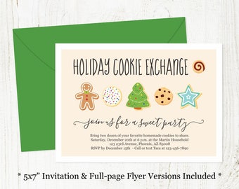 Holiday Cookie Exchange Invitation - Printable Christmas Cookie Swap Party Template, Instant Download Digital File Editable PDF, 5x7, Recipe