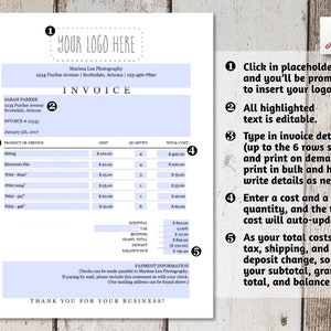 May include: A blue and white invoice template with a place for a logo, customer information, and a list of products or services with their cost, quantity, and total cost. The invoice also includes a subtotal, tax, shipping, grand total, and balance due. The text "YOUR LOGO HERE" is at the top of the invoice.