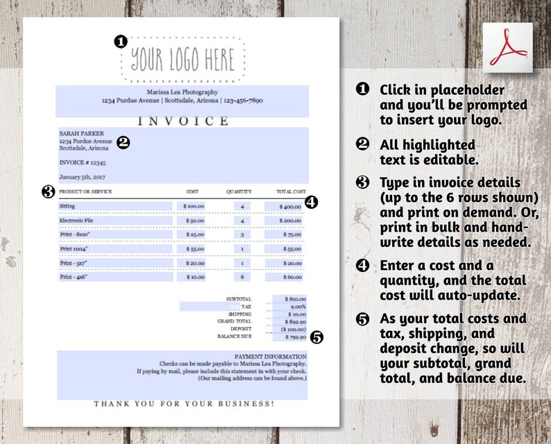 May include: A blue and white invoice template with a place for a logo, customer information, and a list of products or services with their cost, quantity, and total cost. The invoice also includes a subtotal, tax, shipping, grand total, and balance due. The text "YOUR LOGO HERE" is at the top of the invoice.