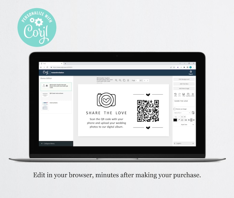 Share the Love Wedding QR Code Digital Photo Album Card, Printable Capture the Love Business Card Size Template Instant Download Digital image 2