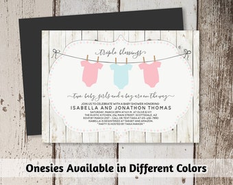 Rustic Baby Shower Invitation for Triplets Girl, Boy, Gender Neutral - Printable Template - Instant Download Digital File 5x7 PDF - Onesies