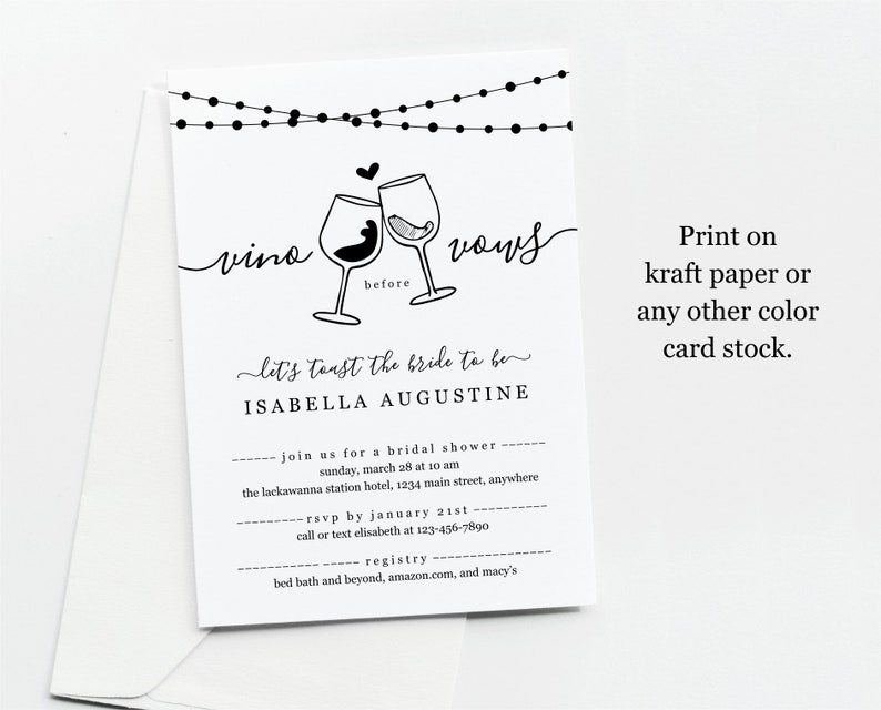 Vino Before Vows Funny Bridal Shower Invitation Template, Printable Wine Toast Theme Invite Rustic Kraft Paper Instant Download Digital File image 2