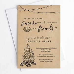 May include: A brown paper invitation with a campfire, s'mores, and string lights. The text reads "Graduations are S'more Fun with Friends" and "Join us to celebrate Isabelle Grace". The invitation details a kindergarten graduation celebration on Sunday, May 28th from 6:00-8:00 p.m. at The Augustine Residence, 1234 Main Street, Scottsdale, AZ. Please RSVP by May 21st to Lucia at 123-456-7890.