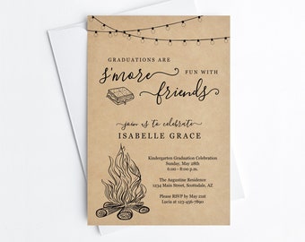 Smore Graduation Party Invitation Template, Boy Girl Preschool Kindergarten 8th Grade Backyard Bonfire Editable Invite Evite Download File