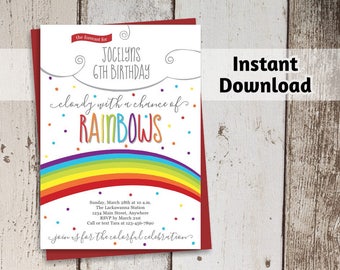 Rainbow Invitation - Girls Party Printable Template - Birthday Forecast Cloudy with a Chance of Rainbows - Instant Download Digital File 5x7