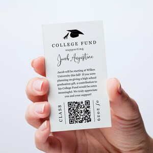 Tarjeta de fondos universitarios con plantilla de código QR, anuncio de graduación imprimible o inserto de invitación a fiesta, adjunto de descarga instantánea digital