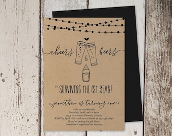 Cheers & Beers to Surviving the First Year - 1st Birthday Invitation Template, Party Invite Instant Download Digital File PDF - Kraft Paper