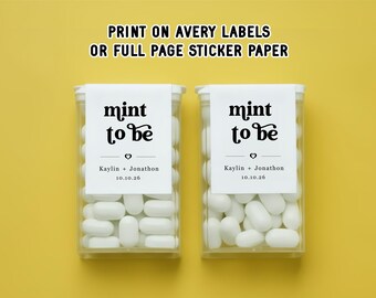 Plantilla de etiquetas para recuerdos "Mint to Be", pegatinas de menta, chicle y Tic Tac para bodas, despedidas de soltera y fiestas de compromiso. Descargar archivo.