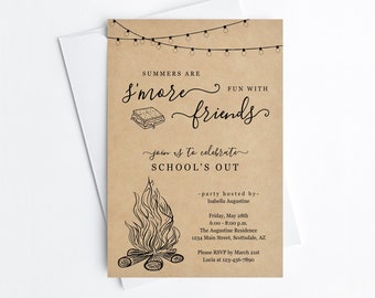 Smore Summer Party Invitation Template, Boy Girl End of School Year Party Backyard Bonfire Editable Invite Evite Download Digital File PDF