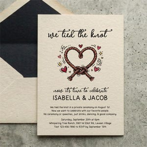 May include: A cream-coloured wedding invitation card featuring a brown rope tied into a heart shape, surrounded by small red hearts and yellow stars. The text reads: we tied the knot, now it's time to celebrate, ISABELLA & JACOB, and event details.