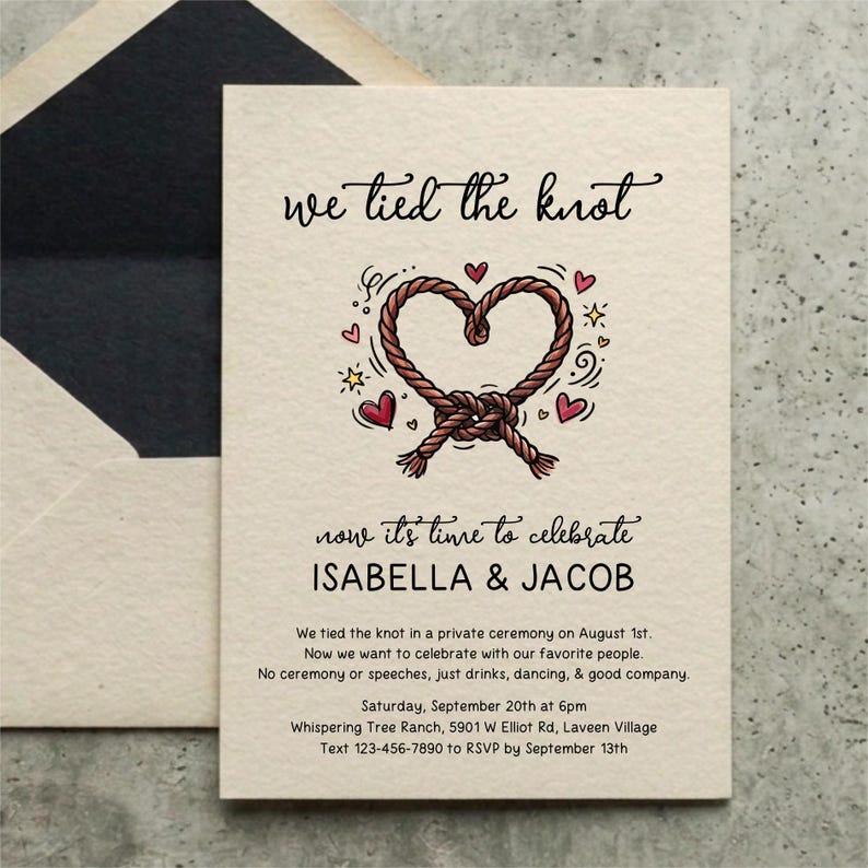 May include: A cream-coloured wedding invitation card featuring a brown rope tied into a heart shape, surrounded by small red hearts and yellow stars. The text reads: we tied the knot, now it's time to celebrate, ISABELLA & JACOB, and event details.
