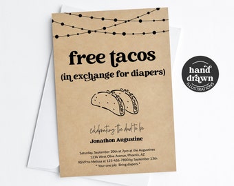 Taco Diaper Party Invitation Template, Printable Fun Funny Free Tacos Diaper Shower Invite for Men / Dad, Evite Download Digital File Kraft