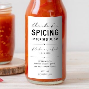 Gracias por darle vida a nuestra plantilla de etiqueta de salsa de pimienta casera para el día especial, pegatina imprimible para recuerdo de boda con salsa picante, descarga editable en PDF