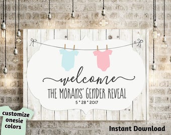 Rustic Baby Shower & Gender Reveal Welcome Sign Printable Template - Poster / Banner DIY PDF Instant Download Digital File - Twins Boy Girl