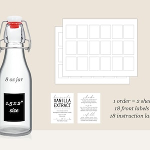 May include: A clear glass 237 ml swing-top jar with a red rubber seal, accompanied by two sheets of rectangular labels. The labels include 18 front labels for vanilla extract and 18 instruction labels, each measuring 3.8 x 5.1 cm in size.