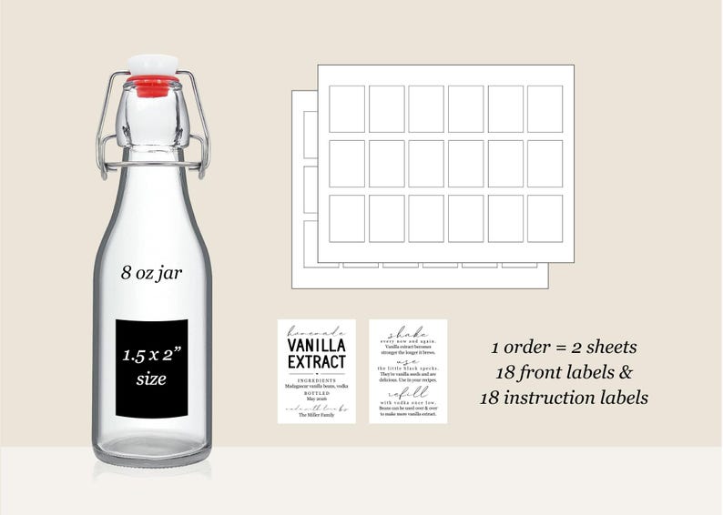 May include: A clear glass 237 ml swing-top jar with a red rubber seal, accompanied by two sheets of rectangular labels. The labels include 18 front labels for vanilla extract and 18 instruction labels, each measuring 3.8 x 5.1 cm in size.