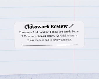 Teacher Classwork Grading Review Sticker Template - Printable School Homework Input, Avery Label 1 x 2-5/8", Parent Signature, Editable PDF