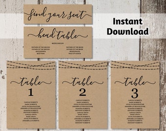 Wedding Seating Chart Card Printable Template - Rustic String / Fairy Lights on Kraft Paper Seating Plan | Digital File Instant Download PDF