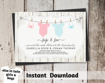 Twins Sip and See Invitation Template - Cute Rustic Boys & Girls Invites - Printable Instant Download Digital File DIY PDF pink blue